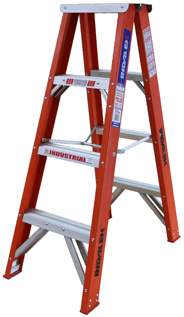 Double Sided Ladder With Platform INDALEX 4ft (1.2m) Industrial Fibreglass 150KG Tradesman Double Sided ...